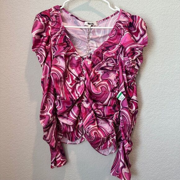 NWT WAYF Pink Swirl Retro Puff Sleeve Ruched V-Neck Vibrant Top - Size S - Picture 1 of 6